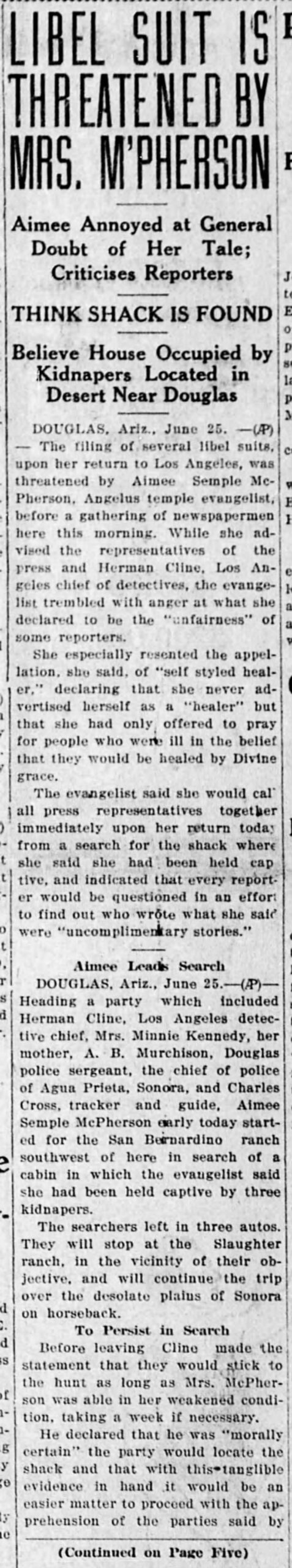 The Evening HeraldFri, Jun 25, 1926 ·Page 1 - Libel Suit