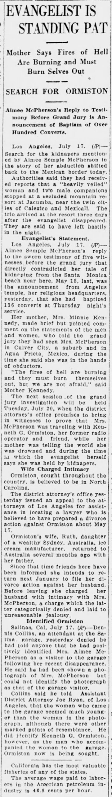 "EVANGELIST IS STANDING PAT," The Grand Island IndependentSat, Jul 17, 1926 ·Page 2