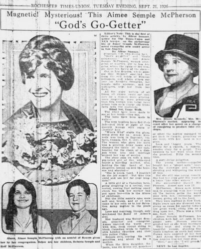 Above: Aimee Semple McPherson with an armful of flowers given her by her congregation. Below are her children, Roberta Semple and Rolf McPherson. Mrs. Minnie Kennedy, Mrs. McPherson’s mother, appearing in court after her arrest on a charge of conspiring to produce false evidence.