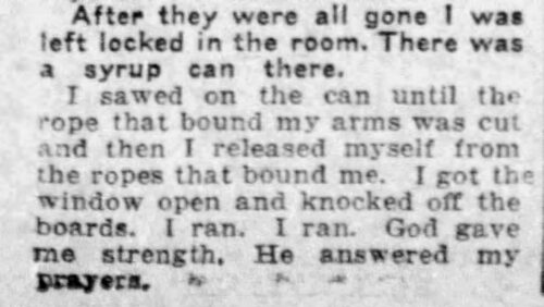 Her escape as carried to the Associated Press: sawing her bonds against a tin can. The San Francisco Examiner, 24 June 1926, p. 3.