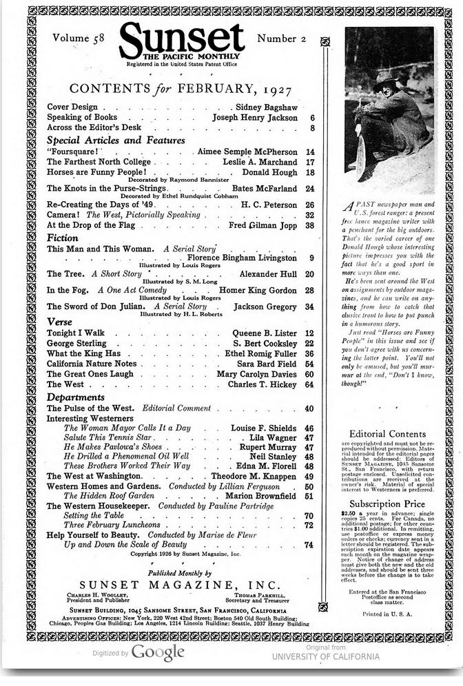 Sunset Table of Contents